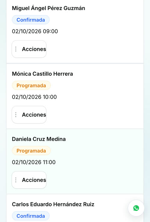 La agenda de DocFácil en el celular: cada cita con su estado