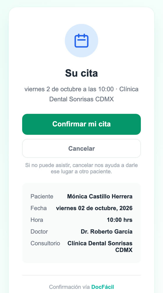 Pantalla donde el paciente confirma o cancela su cita